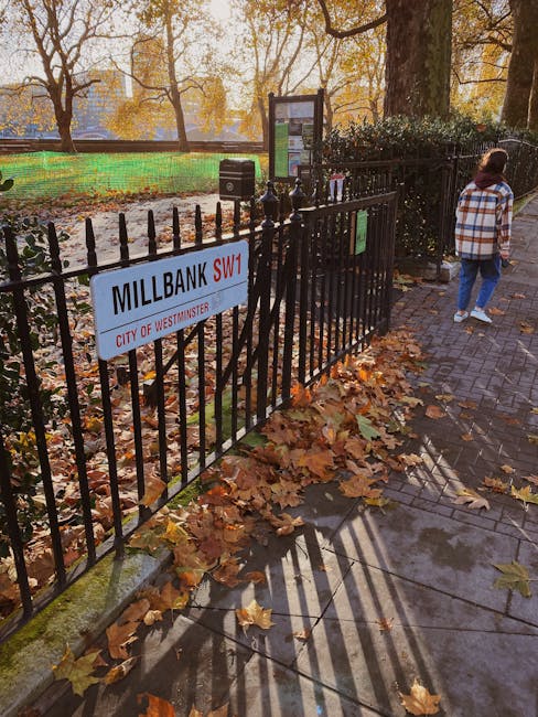 A black metal fence enclosing a small public park or green space in Millbank, SW1, with a white and red sign indicating 'MILLBANK SW1 CITY OF WESTMINSTER' attached to the fence. Fallen autumn leaves i
